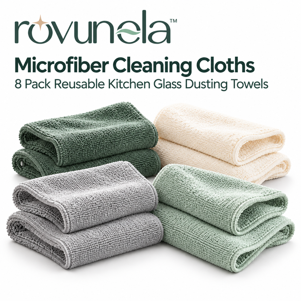 rovunela™ Microfiber Cleaning Cloths 8 Pack Reusable Kitchen Glass Dusting Towels