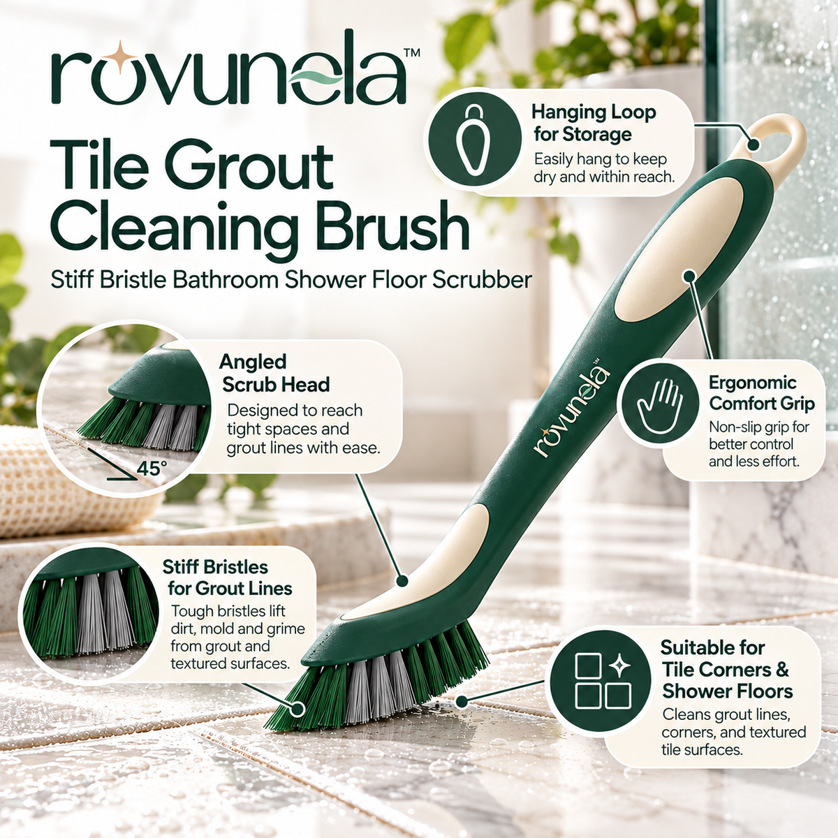 rovunela™ Tile Grout Cleaning Brush Stiff Bristle Bathroom Shower Floor Scrubber