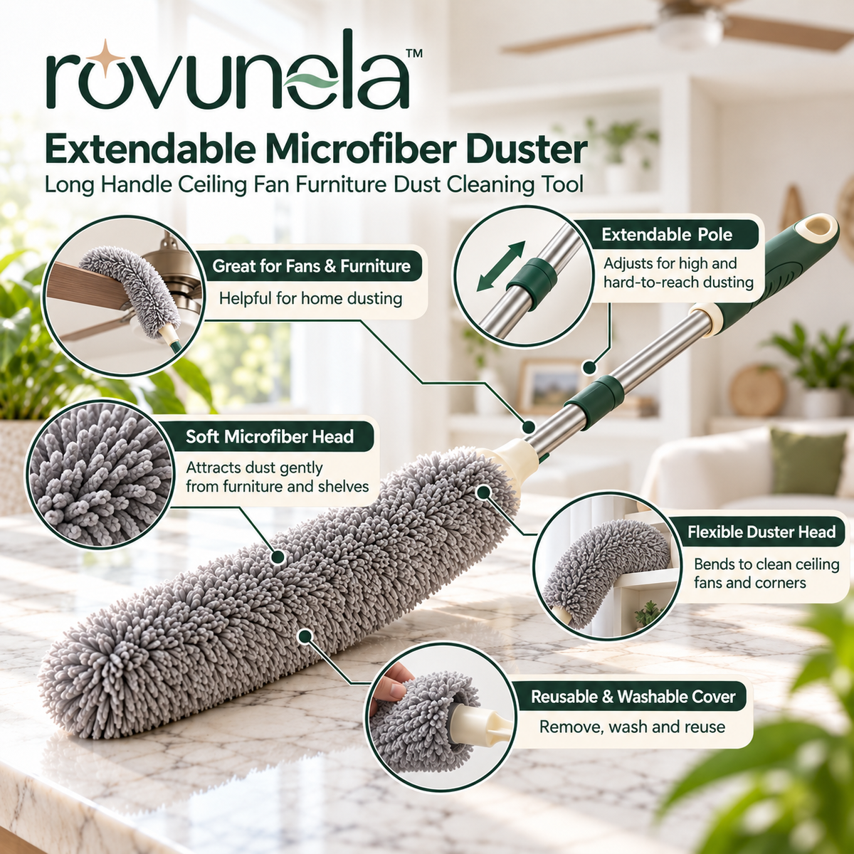 rovunela™ Extendable Microfiber Duster Long Handle Ceiling Fan Furniture Dust Cleaning Tool