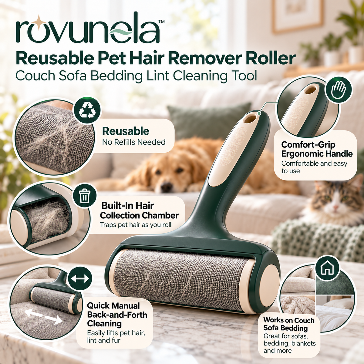 rovunela™ Reusable Pet Hair Remover Roller Couch Sofa Bedding Lint Cleaning Tool