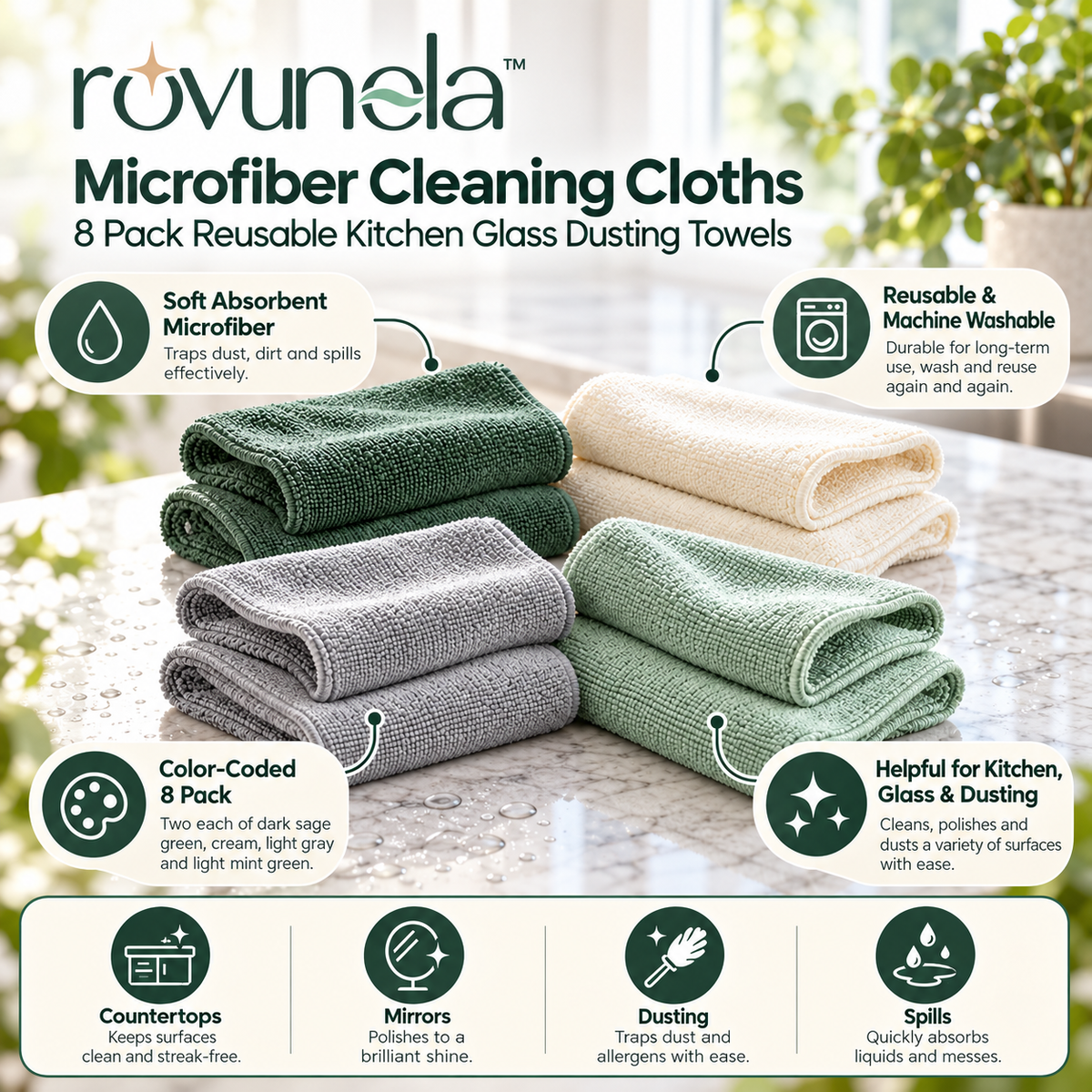 rovunela™ Microfiber Cleaning Cloths 8 Pack Reusable Kitchen Glass Dusting Towels