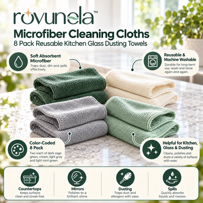 rovunela™ Microfiber Cleaning Cloths 8 Pack Reusable Kitchen Glass Dusting Towels