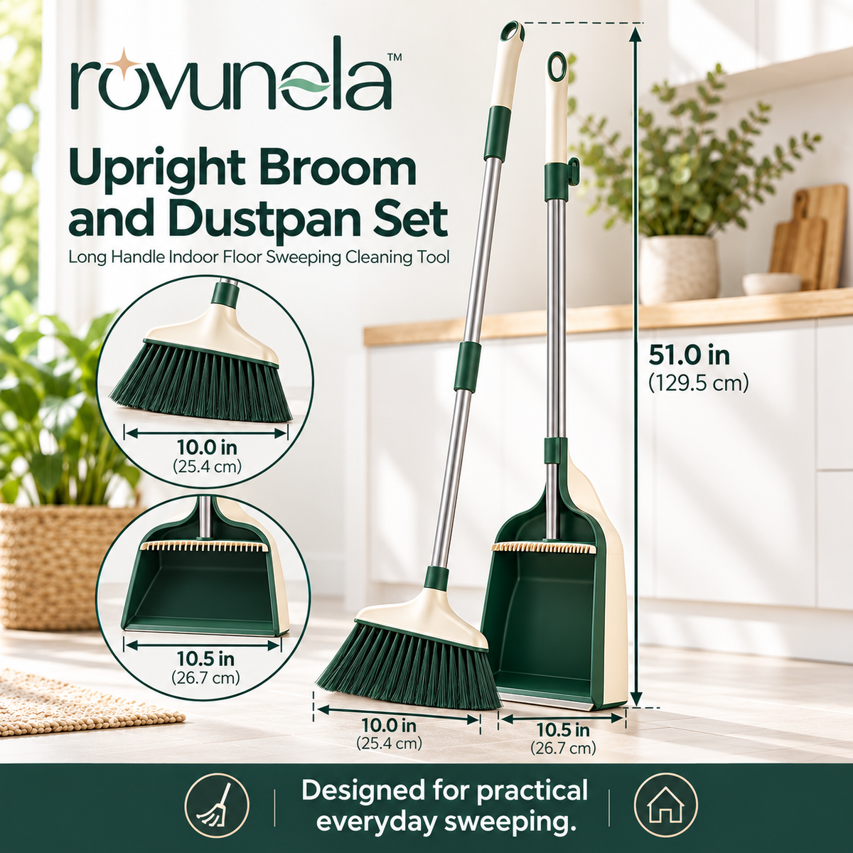 rovunela™ Upright Broom and Dustpan Set Long Handle Indoor Floor Sweeping Cleaning Tool