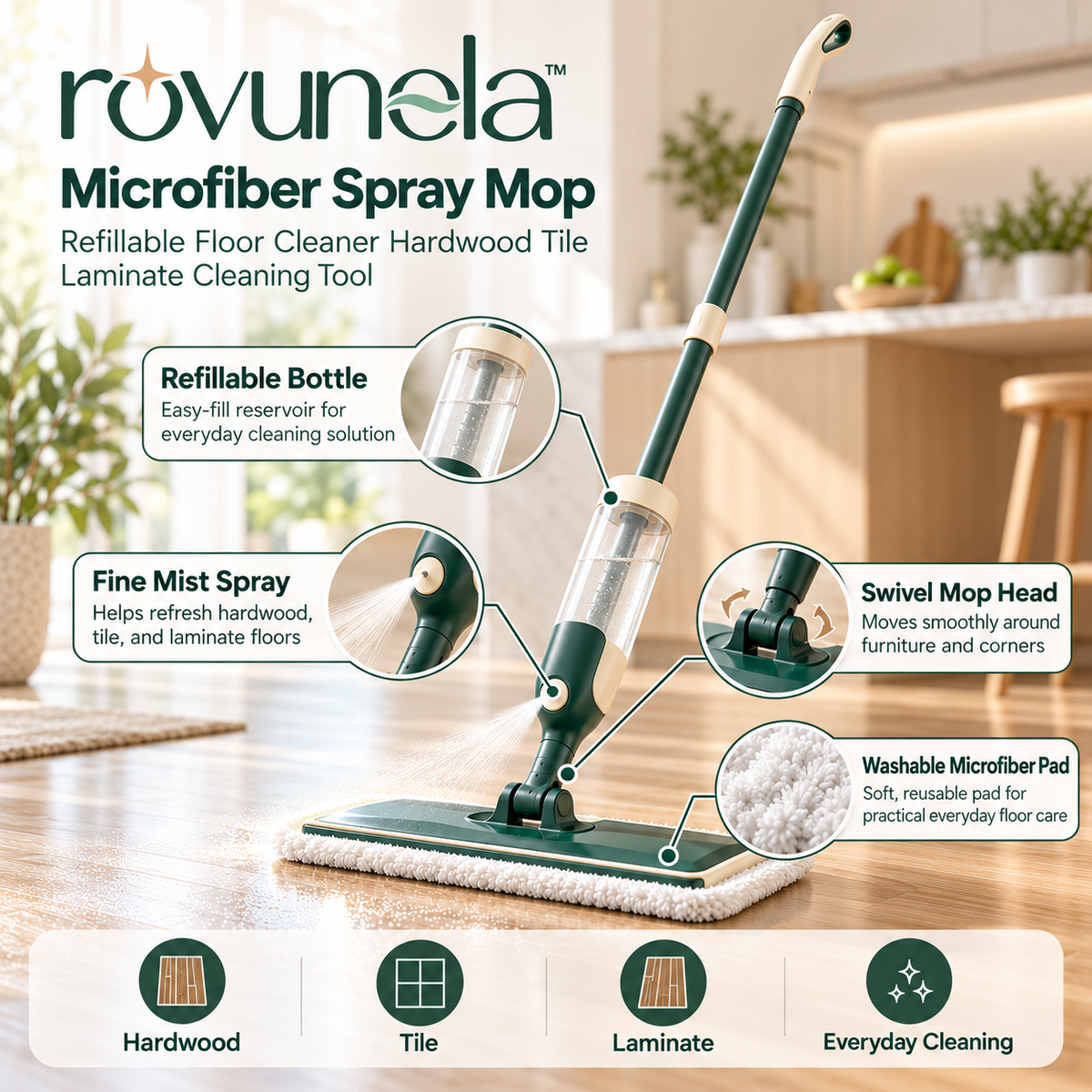 rovunela™ Microfiber Spray Mop Refillable Floor Cleaner Hardwood Tile Laminate Cleaning Tool