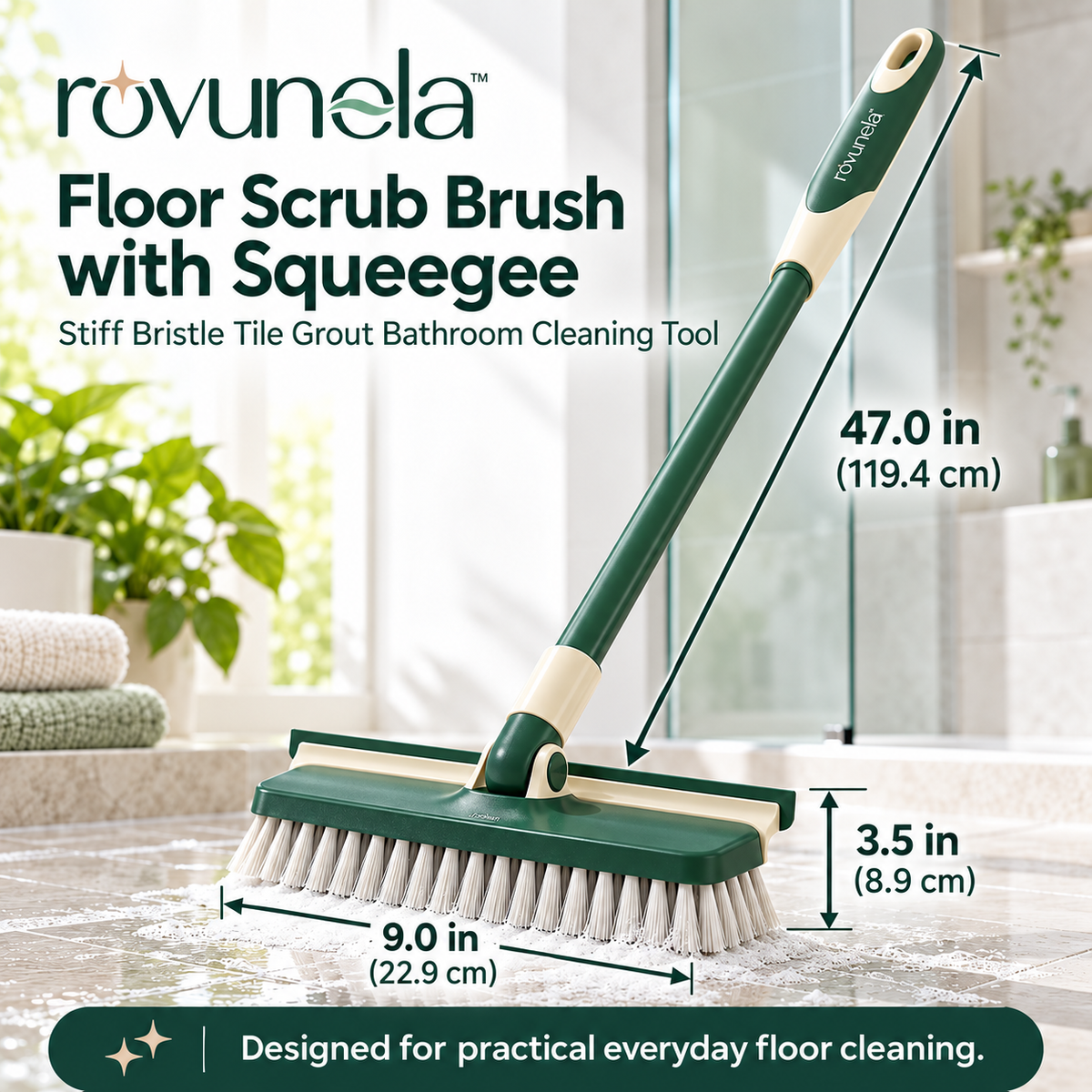 rovunela™ Floor Scrub Brush with Squeegee Stiff Bristle Tile Grout Bathroom Cleaning Tool