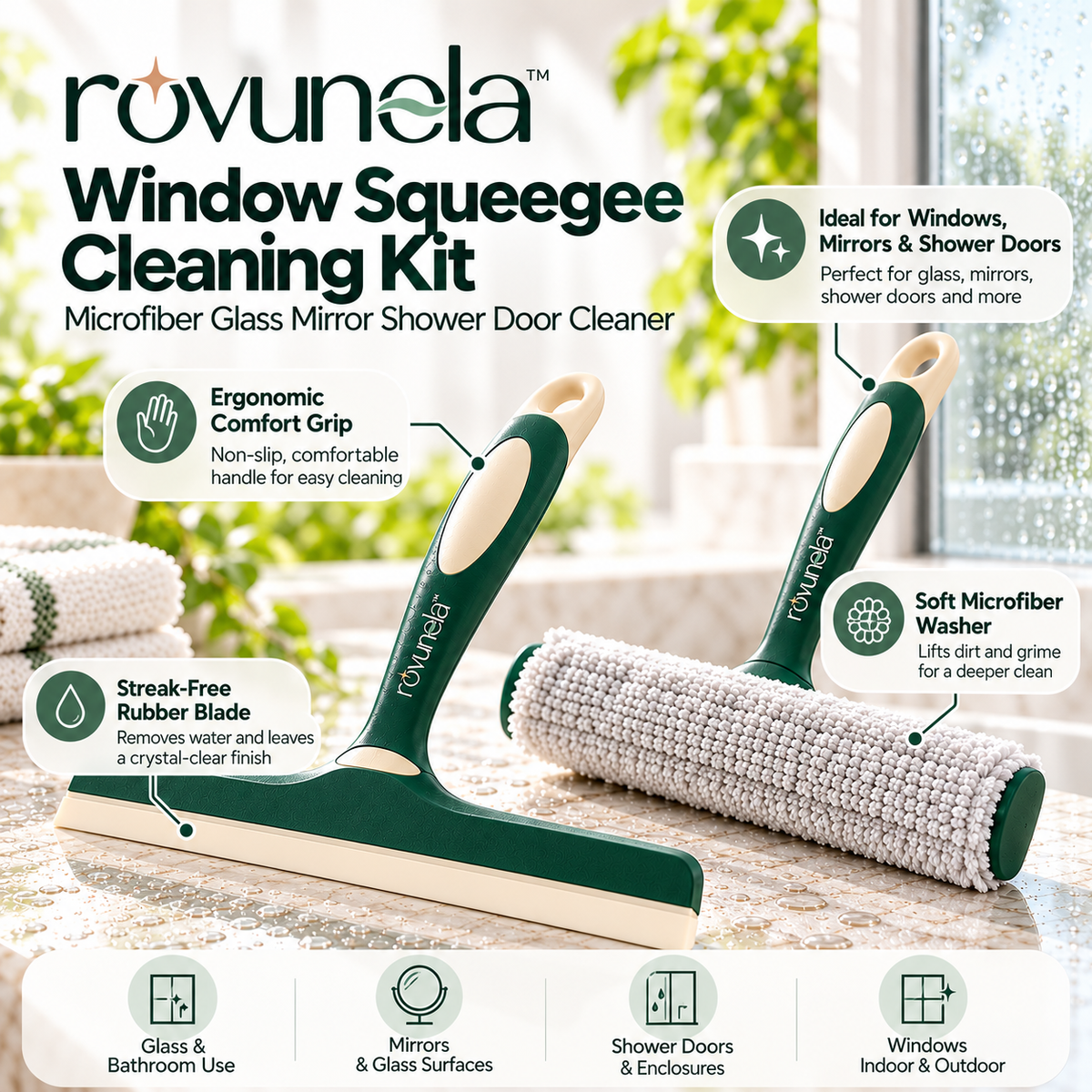 rovunela™ Window Squeegee Cleaning Kit Microfiber Glass Mirror Shower Door Cleaner