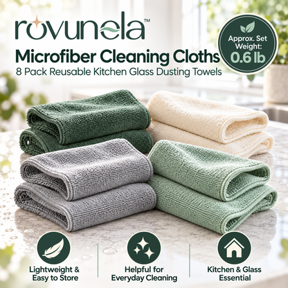rovunela™ Microfiber Cleaning Cloths 8 Pack Reusable Kitchen Glass Dusting Towels