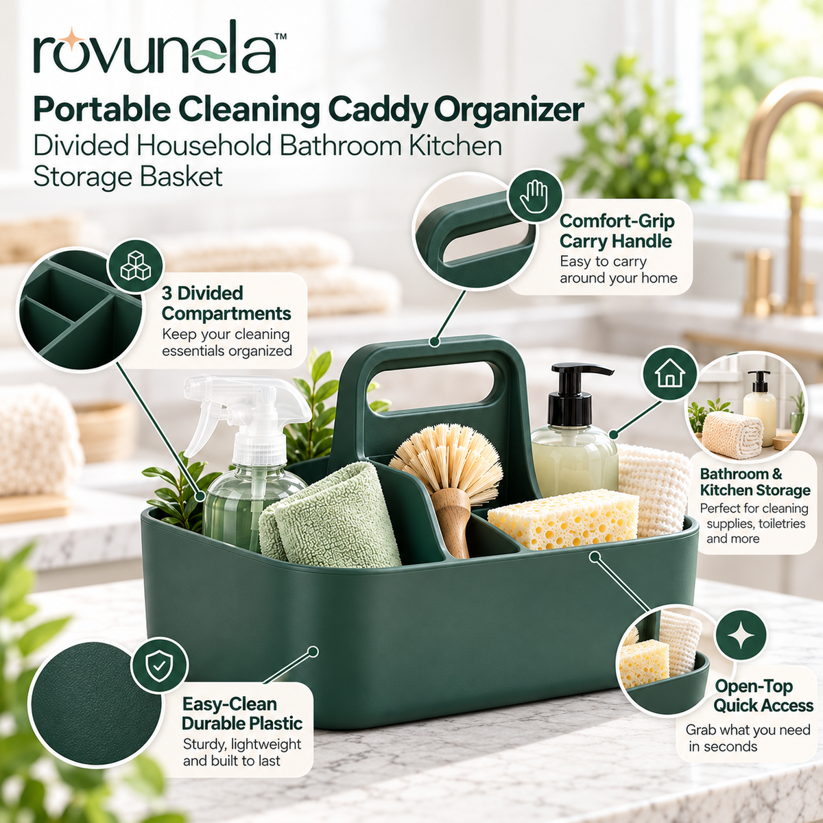 rovunela™ Portable Cleaning Caddy Organizer Divided Household Bathroom Kitchen Storage Basket