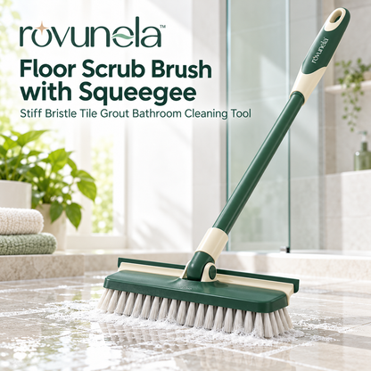 rovunela™ Floor Scrub Brush with Squeegee Stiff Bristle Tile Grout Bathroom Cleaning Tool