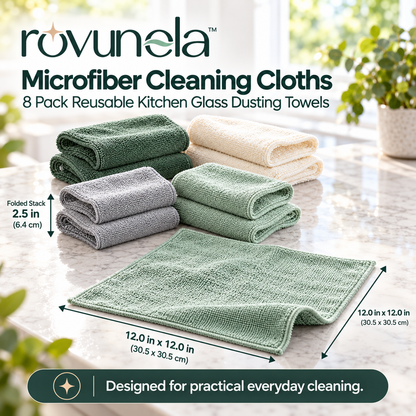 rovunela™ Microfiber Cleaning Cloths 8 Pack Reusable Kitchen Glass Dusting Towels