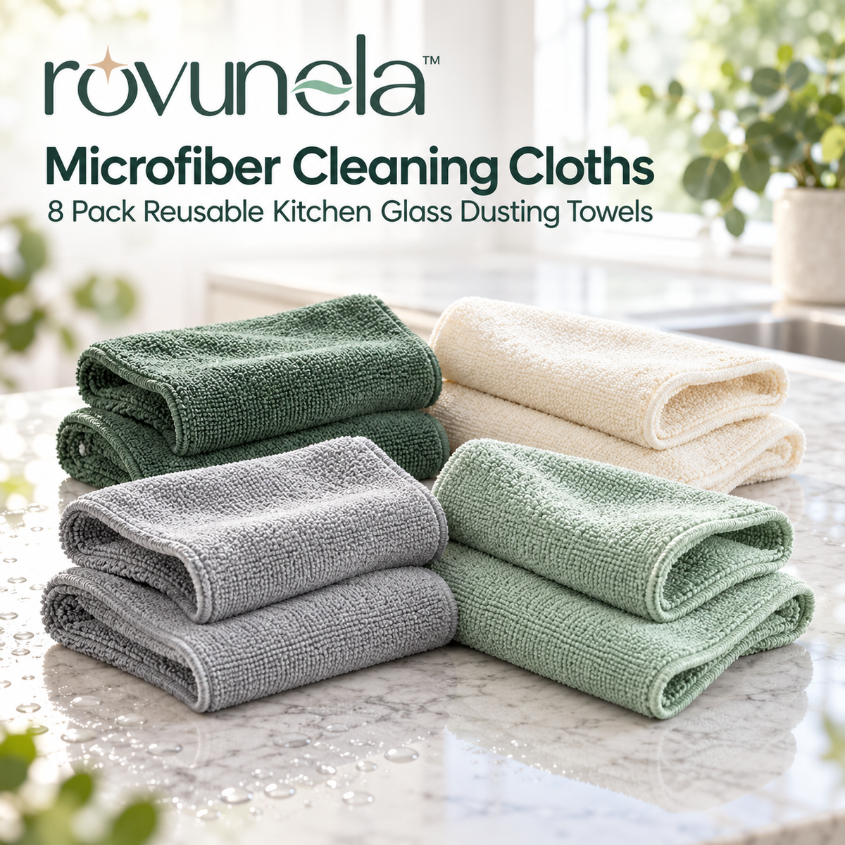 rovunela™ Microfiber Cleaning Cloths 8 Pack Reusable Kitchen Glass Dusting Towels