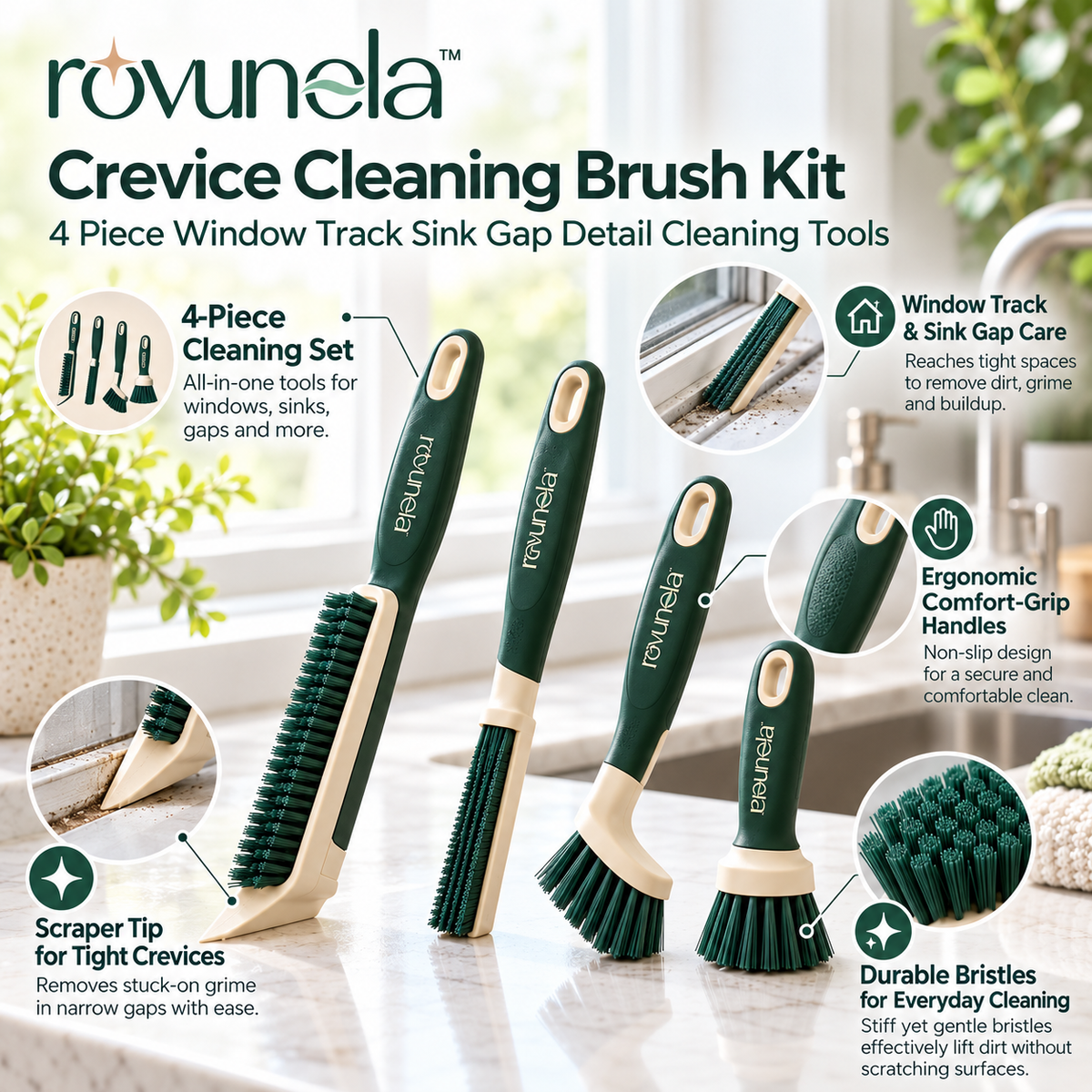 rovunela™ Crevice Cleaning Brush Kit 4 Piece Window Track Sink Gap Detail Cleaning Tools