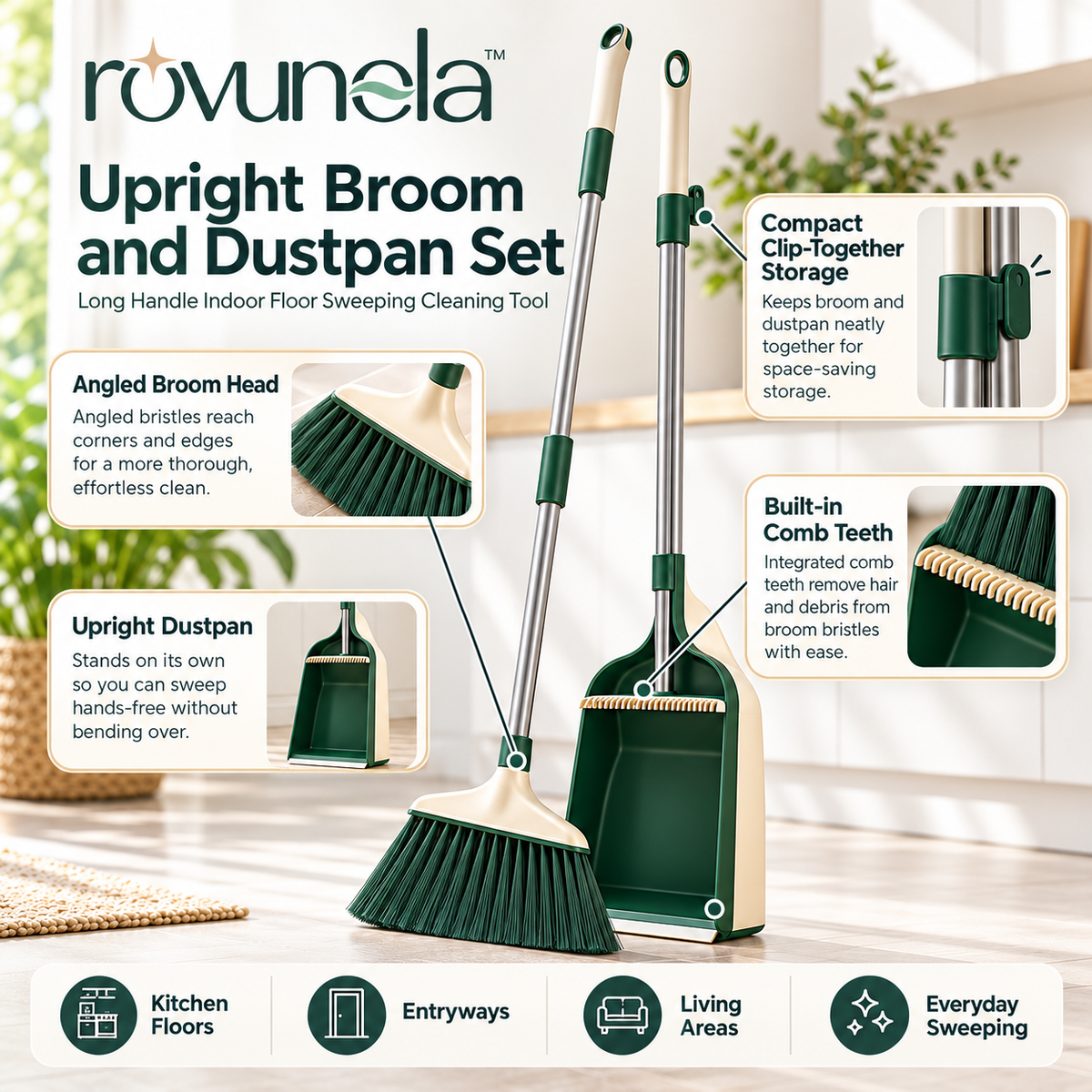 rovunela™ Upright Broom and Dustpan Set Long Handle Indoor Floor Sweeping Cleaning Tool