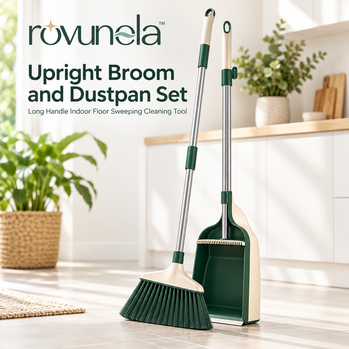 rovunela™ Upright Broom and Dustpan Set Long Handle Indoor Floor Sweeping Cleaning Tool