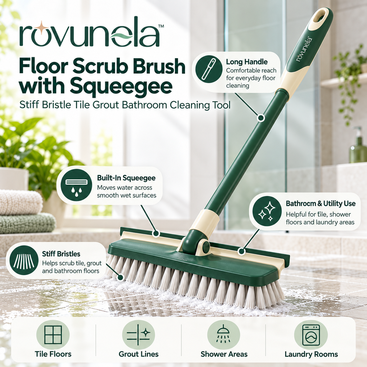rovunela™ Floor Scrub Brush with Squeegee Stiff Bristle Tile Grout Bathroom Cleaning Tool