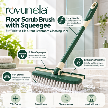 rovunela™ Floor Scrub Brush with Squeegee Stiff Bristle Tile Grout Bathroom Cleaning Tool