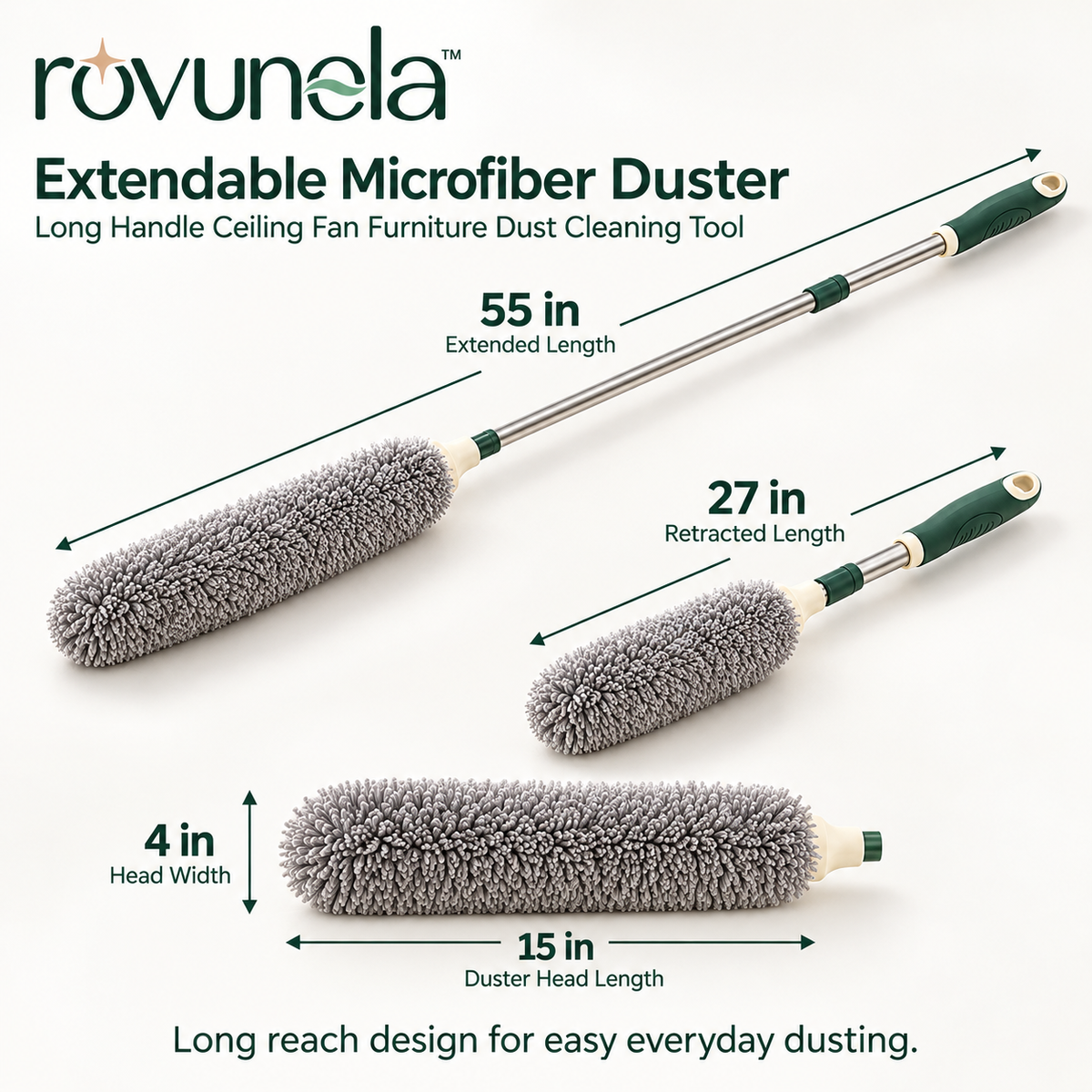 rovunela™ Extendable Microfiber Duster Long Handle Ceiling Fan Furniture Dust Cleaning Tool
